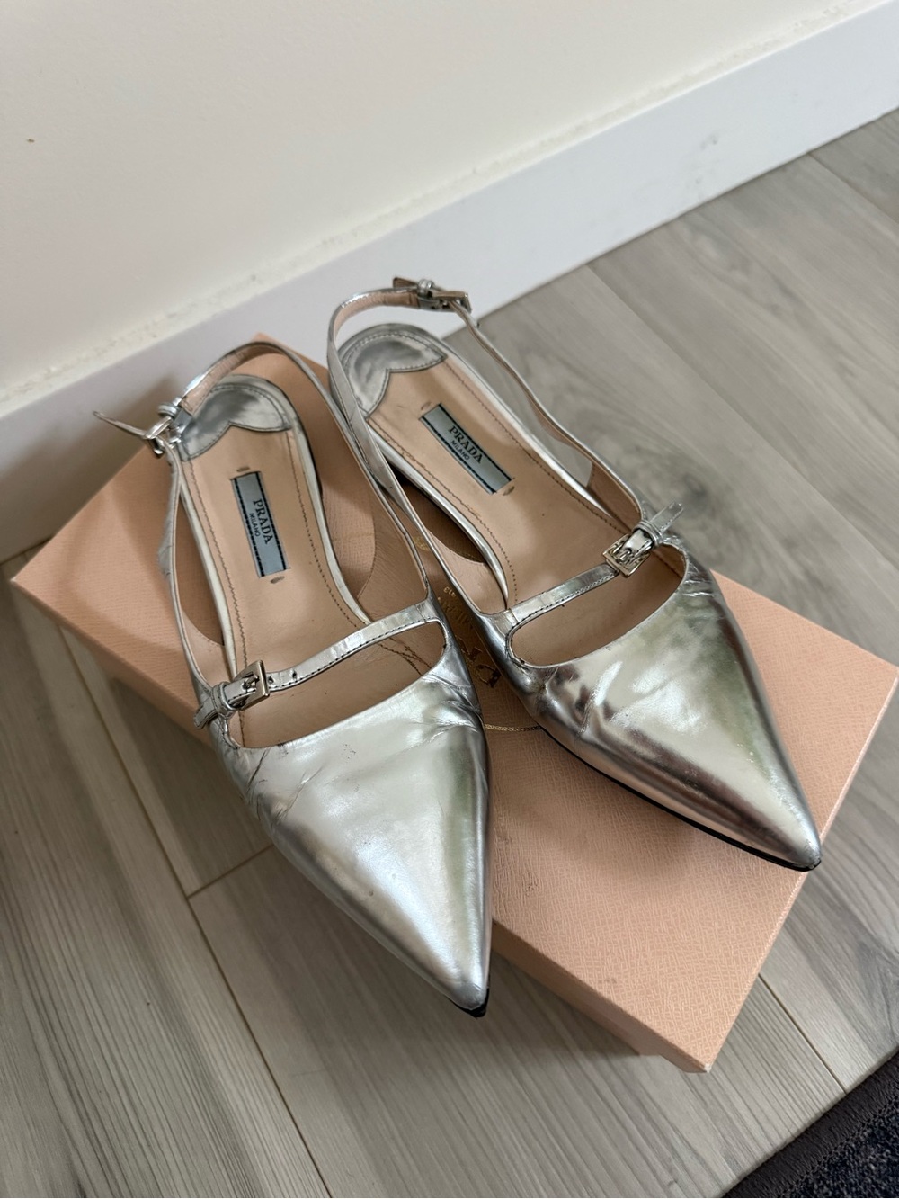 Prada Metallic Silver Pointed Mary Jane Slingback Flats